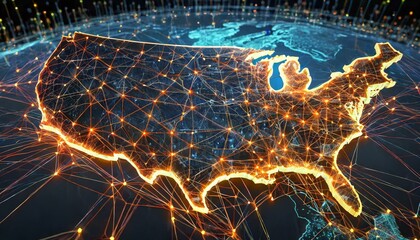 A sophisticated 3D animation of a digital map of the USA, displaying interconnected data lin