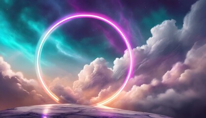 Neon ring glows over marble cloudscape