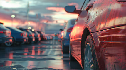 Car parked at outdoor parking lot. Used car for sale and rental service. Car insurance background. Automobile parking area. Car dealership and dealer agent concept. Automotive industry