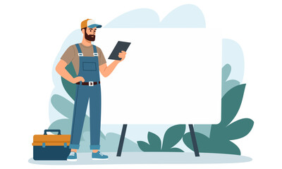 A male plumber is holding a tablet and giving a presentation. Large banner and empty space for your text, flat vector illustration . Vector illustration