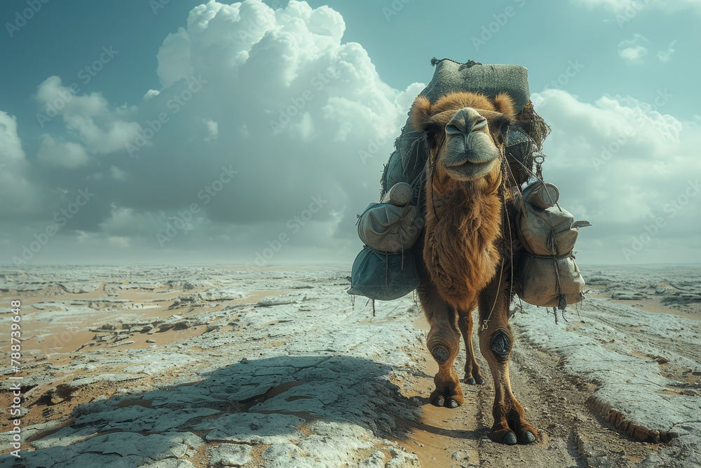 Poster A camel carrying supplies across a desert landscape, assisting humans in traversing harsh terrain. Concept of camel as a beast of burden. Generative Ai.