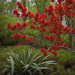 Tree with bright red flowers in full bloom. Flowers star-shaped, clustered together on branches. Large plant with long, spiky leaves in foreground. Background forest of green trees.