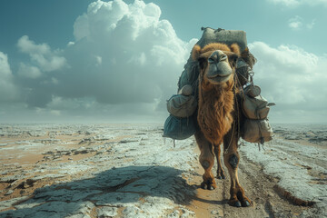 A camel carrying supplies across a desert landscape, assisting humans in traversing harsh terrain. Concept of camel as a beast of burden. Generative Ai.