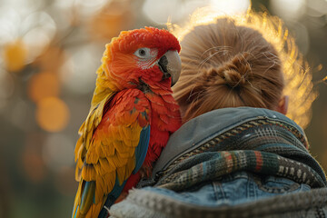 A parrot perched on its owner's shoulder, mimicking speech and forging a bond through interaction. Concept of avian companionship. Generative Ai.