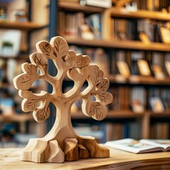 Literary Haven: Wooden Tree Shelf with Books Amidst Library Blur - obrazy, fototapety, plakaty