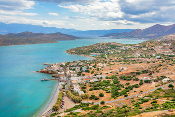 aerial view of the gulf of Elounda (near Spinalonga island), eastern section of Crete, Greece