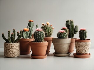 Several cacti of varying sizes, shapes sit in pots on white surface against light gray background....