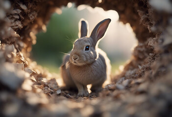 Fototapeta premium Little rabbit looks through a hole in tree