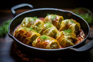 Savory Stuffed cabbage rolls. Green dish. Generate Ai