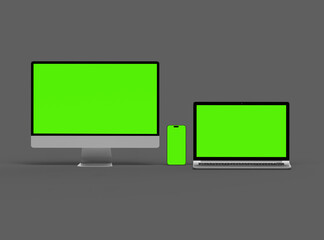 Render of desktop, laptop and smartphone with greenscreen on a dark background