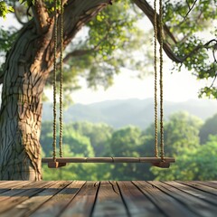 Obraz premium Rustic Retreat: Wicker Swing on Wooden Terrace Amid Nature's Embrace