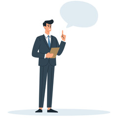 A man in a business suit is holding a clipboard and saying something, a speech bubble for your text. Flat vector illustration, white background . Vector illustration