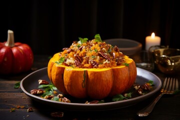 Aromatic Stuffed pumpkin with musk flavor dish. Baked orange vegetable with fresh green herbs. Generate ai