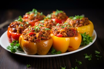 Savory Stuffed peppers with meat. Baked filled with rice bell paprika. Generate ai