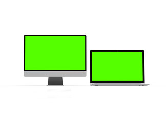 3d render of desktop and laptop with green screen on a transparent background