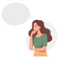 A girl in a pensive pose, thinking about something. A speech bubble for your text. Flat vector illustration on white background . Vector illustration