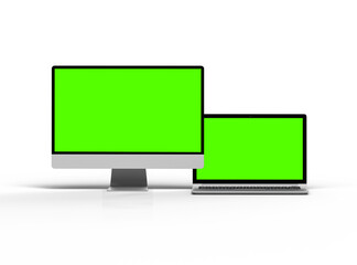 3d render of desktop and laptop with green screen on a transparent background