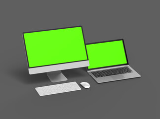 3d render of desktop and laptop with green screen on a dark background