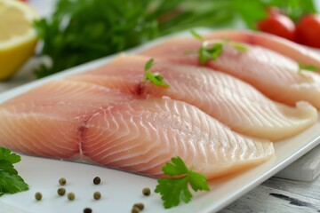 raw fish fillet on a white plate closeup, raw fish pieces closeup, raw tuna fish, raw salmon fish pieces closeup