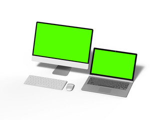 3d render of desktop and laptop with green screen on a transparent background