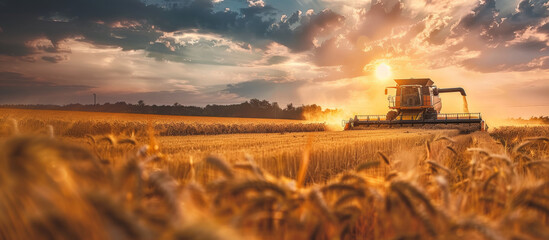 Fototapeta premium Combine Harvester at Work During Golden Hour in a Wheat Field