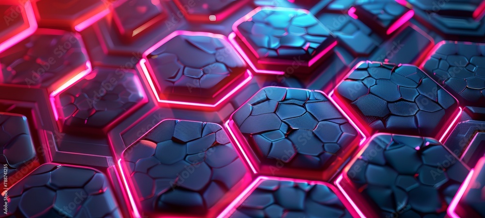 Poster advanced tech hexagons glowing with neon lights. detailed digital surface in pink and blue. futurist