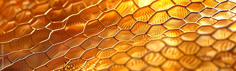 Poster close-up of golden honeycomb pattern with reflective surface. shining hexagonal design with a metall