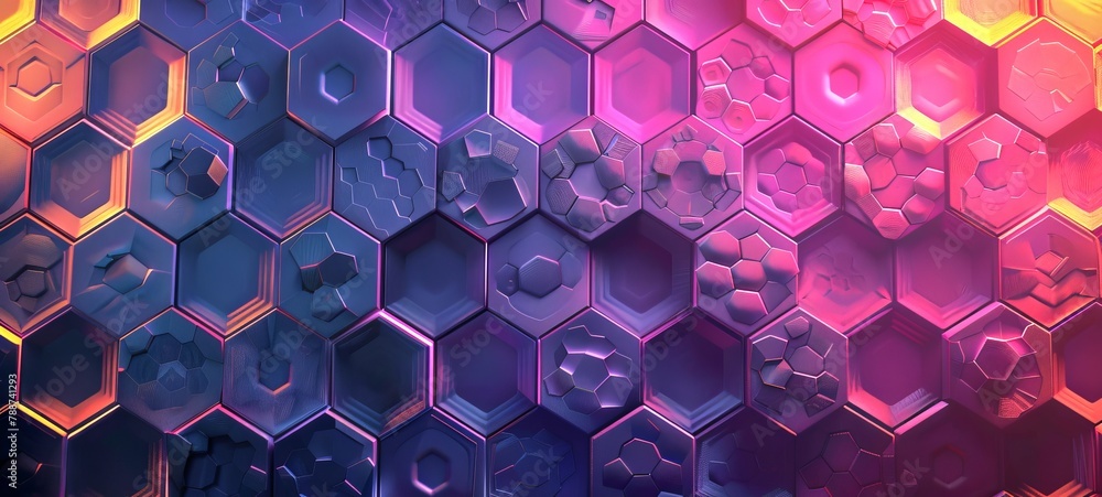 Poster multicolored hexagon pattern with vivid pink and orange tones. close-up of a lively abstract design.