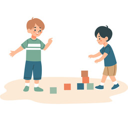 Two boys playing dice, kindergarten. Flat vector illustration, white background . Vector illustration