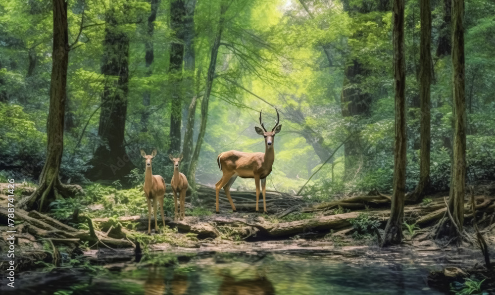 Poster a deer is standing in the middle of a forest with a river running through it. the scene is peaceful 