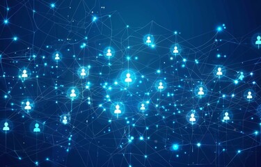 Abstract blue background with a social network concept, glowing people icons on a grid Big data technology and connection of a digital community or web banner Generative AI