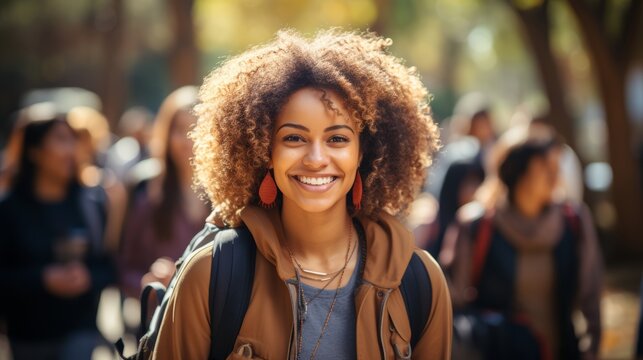 African American female student refugee with a backpack at a university campus. Young woman. Concept of academic aspirations, new beginnings, immigrant education, refugee integration, diversity