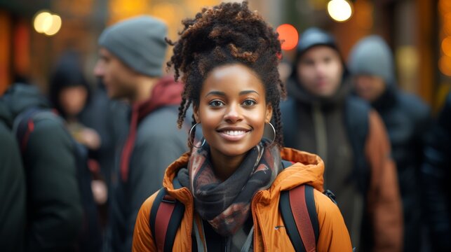 Black female student refugee with a backpack at a university campus. Young woman. Concept of academic aspirations, new beginnings, immigrant education, refugee integration, diversity