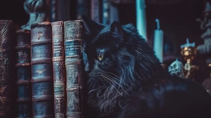Feline amid ancient tomes in a classic library. Black cat overseeing a collection of vintage literature. Concept of literary nostalgia, historic knowledge, and animal companionship. - obrazy, fototapety, plakaty