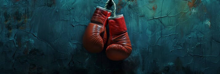 Red boxing gloves hanging on a blue wall. Banner. Textured background with copy space. Minimalistic sports equipment concept. Design for poster, banner, sport-related advertising. Copy space - Powered by Adobe