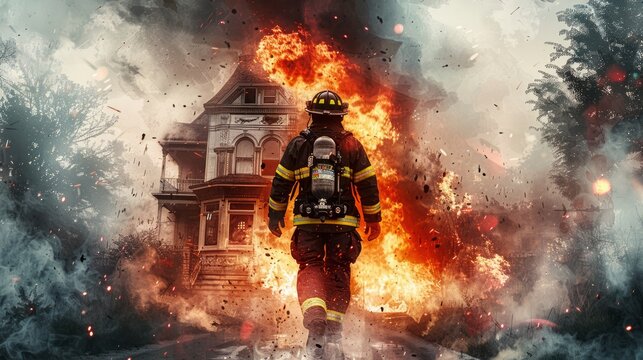 Fireman heading to tackle a blazing house amidst a fiery scene. Heroic firefighter in action against a home fire inferno. Concept of firefighting, bravery, emergency response, and risk. Watercolor art