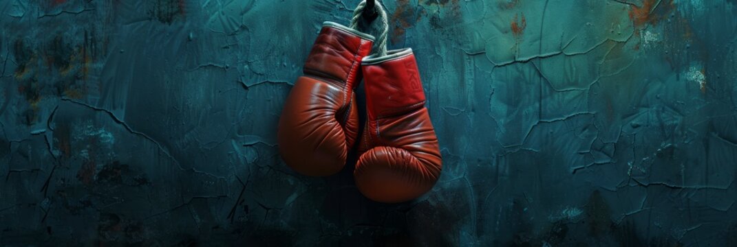 Red boxing gloves hanging on a blue wall. Banner. Textured background with copy space. Minimalistic sports equipment concept. Design for poster, banner, sport-related advertising. Copy space