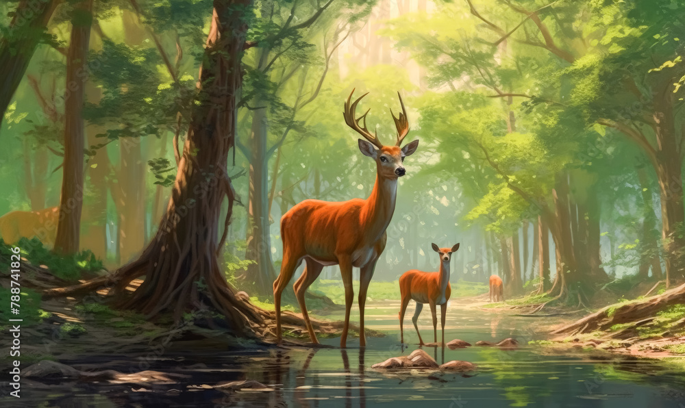 Poster a deer is standing in the middle of a forest with a river running through it. the scene is peaceful 