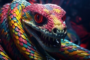 Vivid Shiny colorful snake in floral nature. Wildlife dangerous poisonous reptile species. Generate ai - 788741809
