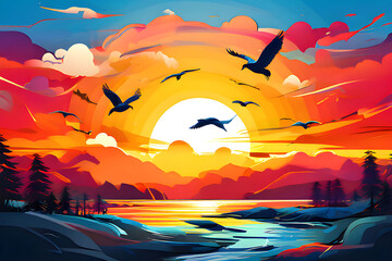 World Migratory Bird Day abstract wallpaper , birds fly on sunset sky