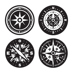 compass icon silhouette set, Classic Compass Icon, Black & White Compass Icon,  Iconic Compass Outline, Set of black compass icons isolated on white background. Vector illustration