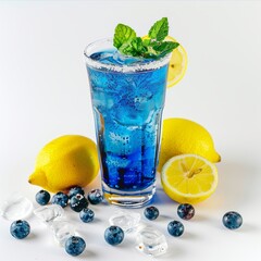 sparkling blueraspberry drink with lemon, fresh mint and ice cubes in clear glass, sugar on rim, white background with lemons and fresh mint on ground, white background