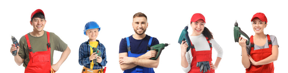 Set of workers and little boy with electric drills on white background