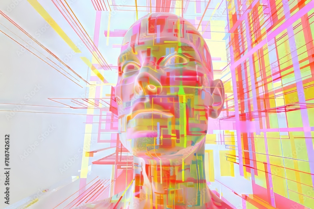 Poster an abstract human face amidst a kaleidoscope of colorful geometric shapes and lines, generative ai
