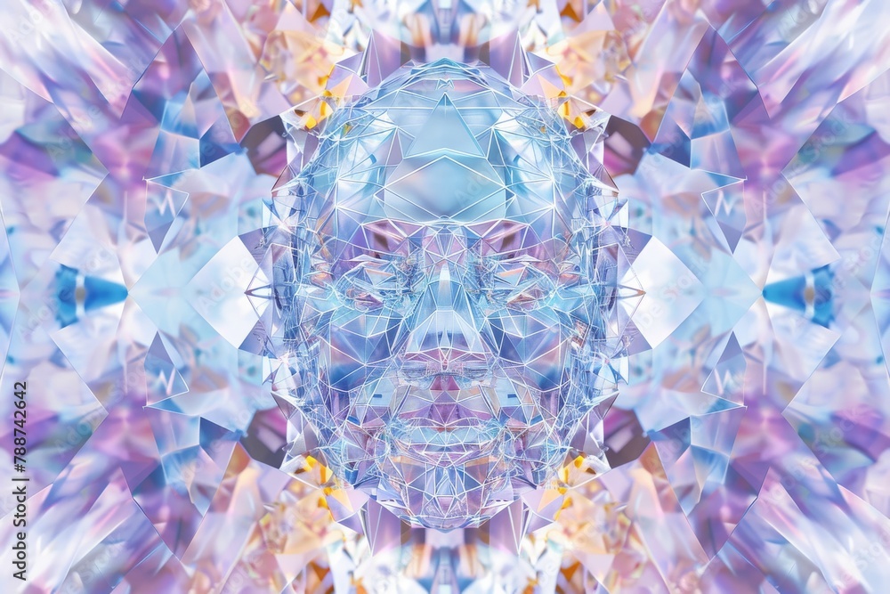 Poster an abstract human face amidst a kaleidoscope of colorful geometric shapes and lines, generative ai
