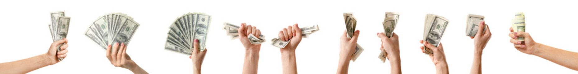Set of hands with dollar banknotes on white background