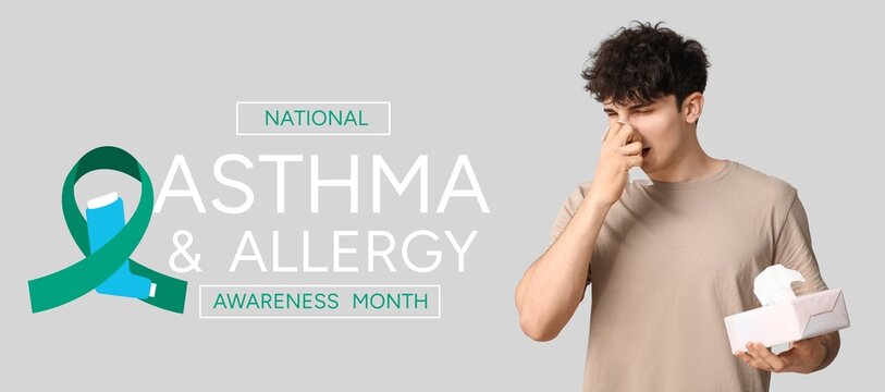 Young man with runny nose on grey background. Banner for National Asthma and Allergy Awareness Month - Powered by Adobe
