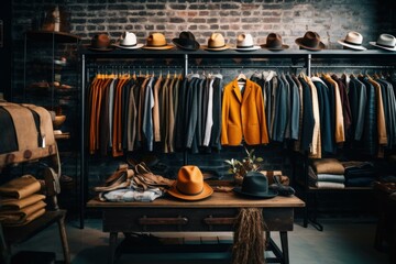 Trendy Stylish clothes at menswear store. Store retail man collection at luxury market. Generate Ai
