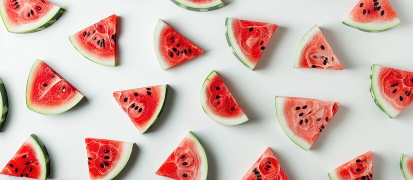 Scandinavian-inspired flat lay with watermelon slices arranged creatively on a white table, offering a simple and refreshing summer fruit pattern for blogs or recipe books.