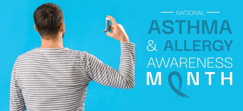 Young man with inhaler on blue background. Banner for National Asthma and Allergy Awareness Month